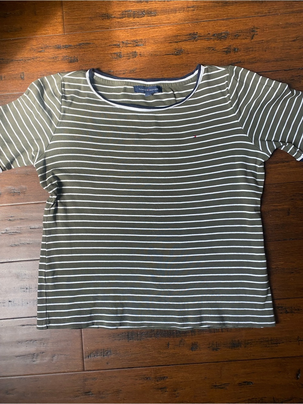 Tommy Hilfiger Olive & White Striped Short Sleeve Tee 100% cotton